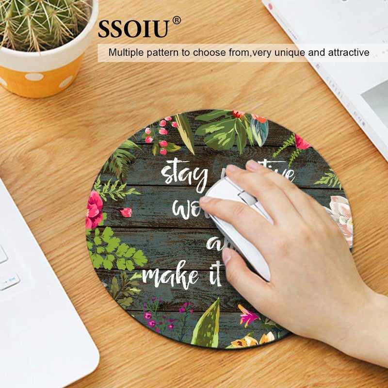 SSOIU Round Mouse Pad Custom,Stay Positive Work Hard and Make It Happen Inspirational Quotes Mouse pad Vintage Hand Drawn Floral Wreath Art on Rustic Wood White Quote - Image 3
